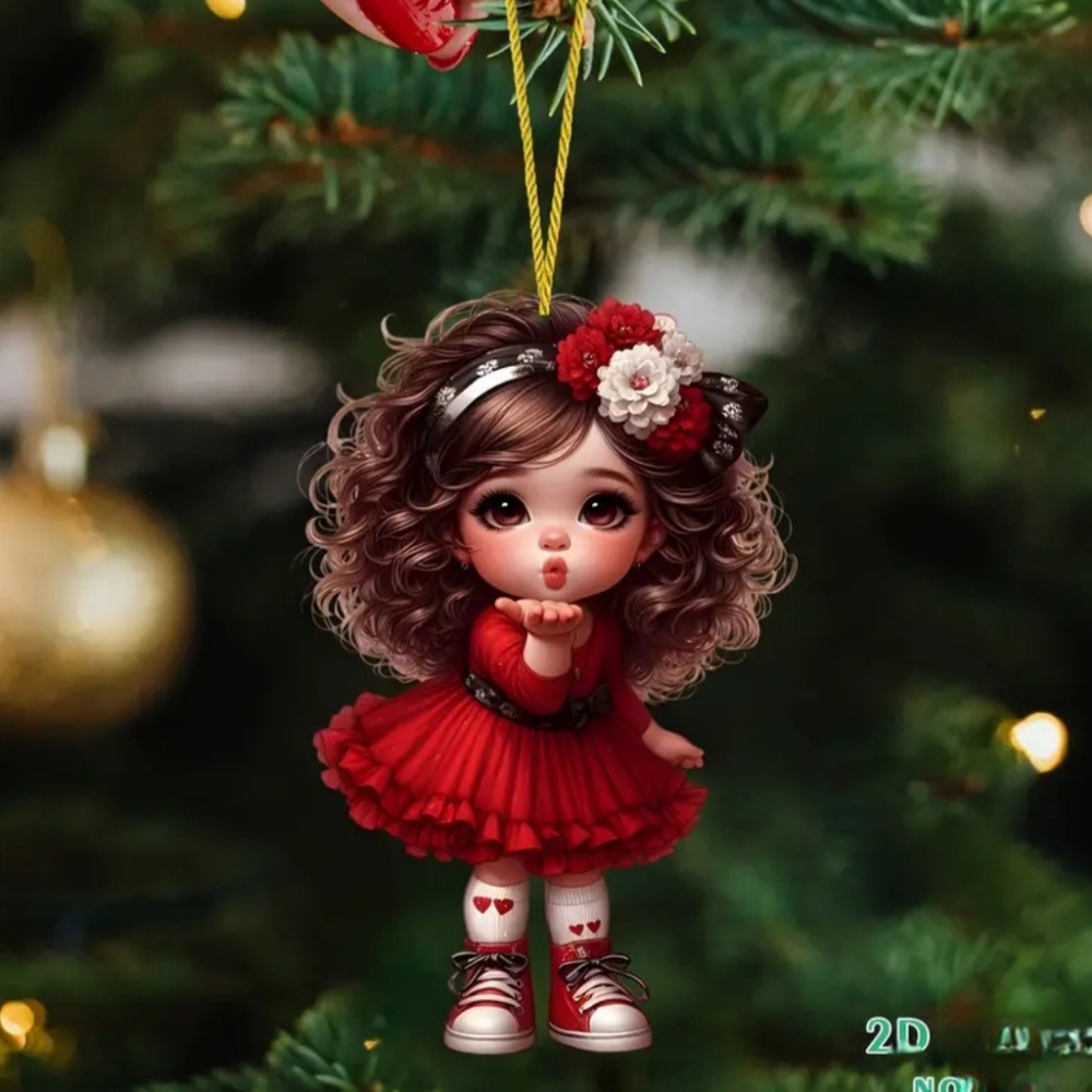 2D Acrylic Little Girl In Holiday Red Blowing A Kiss